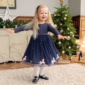 JoJo Maman Bebe Navy Embroidered Unicorn Dress